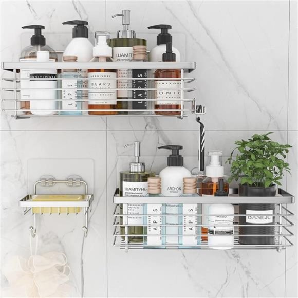 Silver Shower Organizer Shower Caddy Basket with Hooks Soap Dish Holder Shelf - Picture 1 of 7